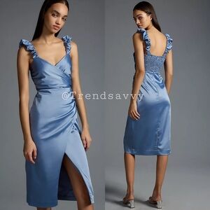 ANTHROPOLOGIE Slate Ruched Sweetheart Midi Dress Satin Ruffle Strap Cocktail NWT